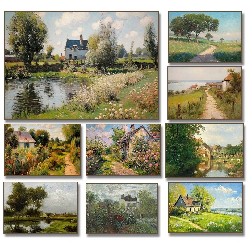 Summer Country Landscape Cottage River Rose Garden  Painting Canvas Poster Print Rustic Wall Art, Farmhouse Home Decoratio