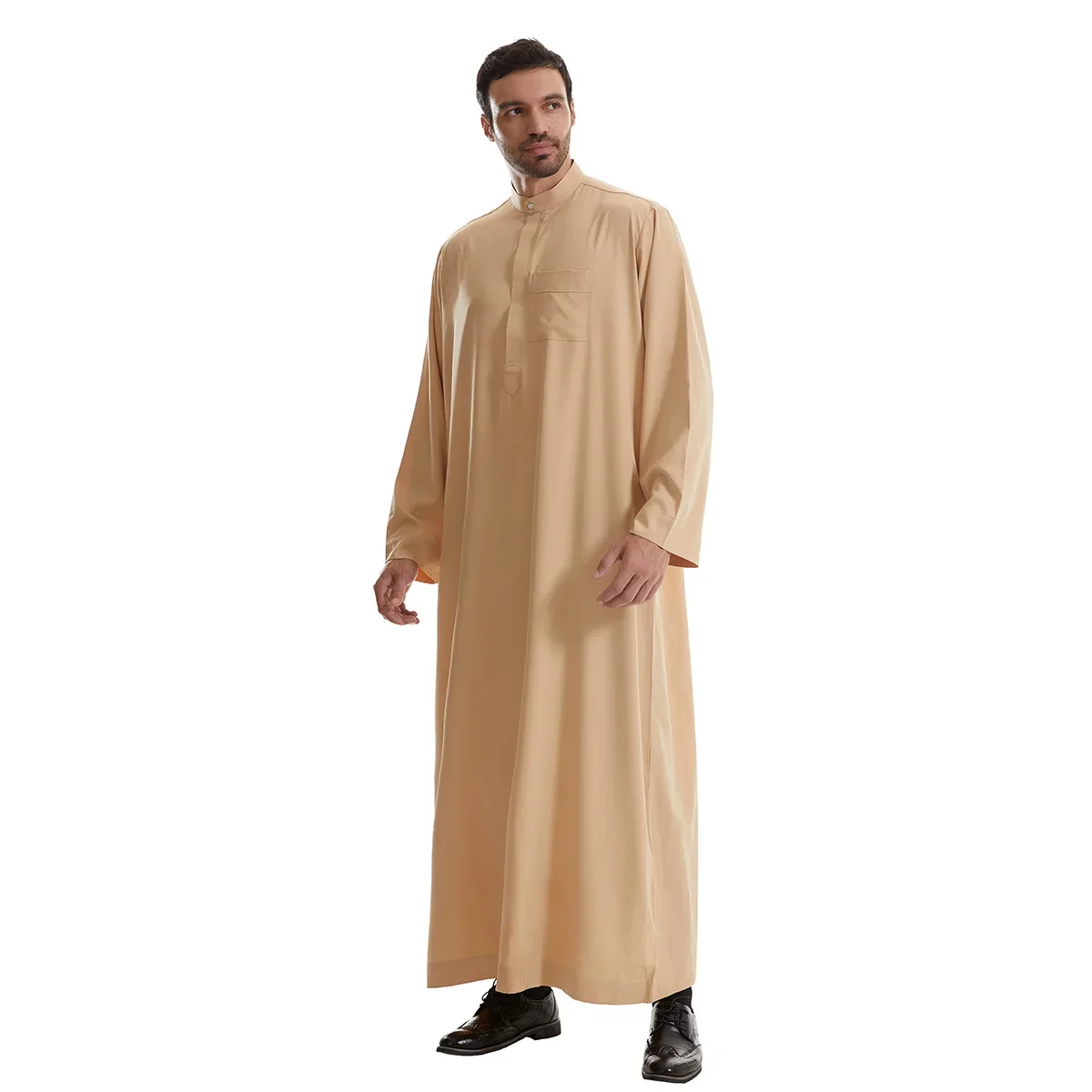 Men's Muslim Robe Islamic Eid Ramadan Juba Kaftan Dishdash Arabian Robe Solid Color Long Sleeve Collar Loose T-shirt Dress Tunic