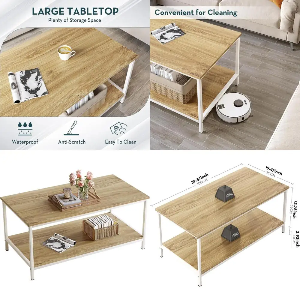 

2-Tier Industrial Coffee Table with Storage, Rectangular Beige White Wood for Small Spaces, Ideal for Living Room and Home Offic