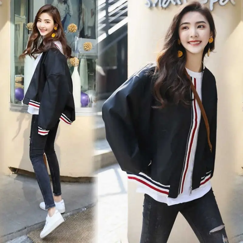 Women's Jacket Stripe Cardigan Contrast Color Zipper Long Sleeves Loose Thin Top Wholesale Autumn Korea New Fashion Lady Clothes