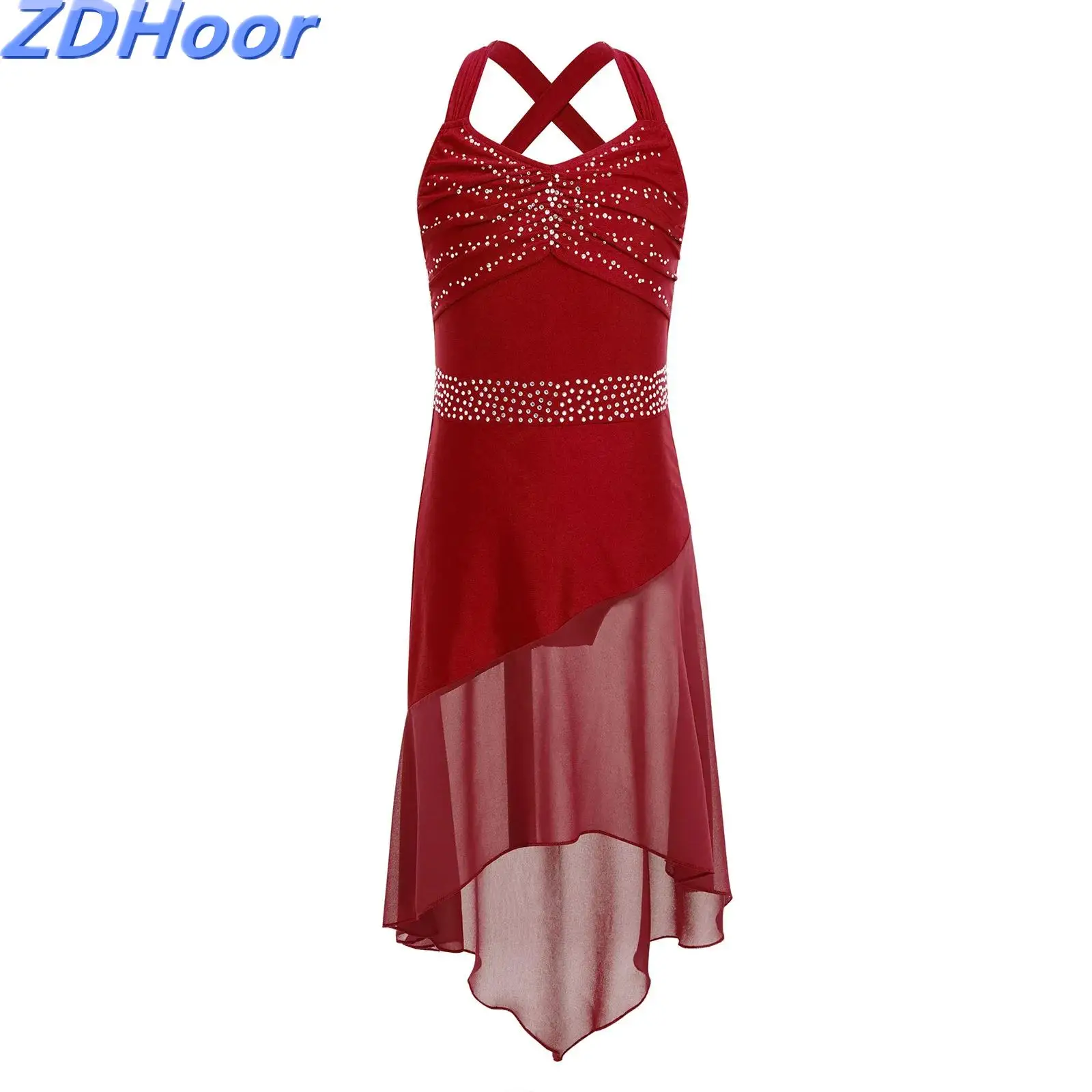 

Kids Girls Latin Dance Dresses Sleeveless Cross Back Shiny Rhinestones Ruched Bodice High-Low Hem Dress