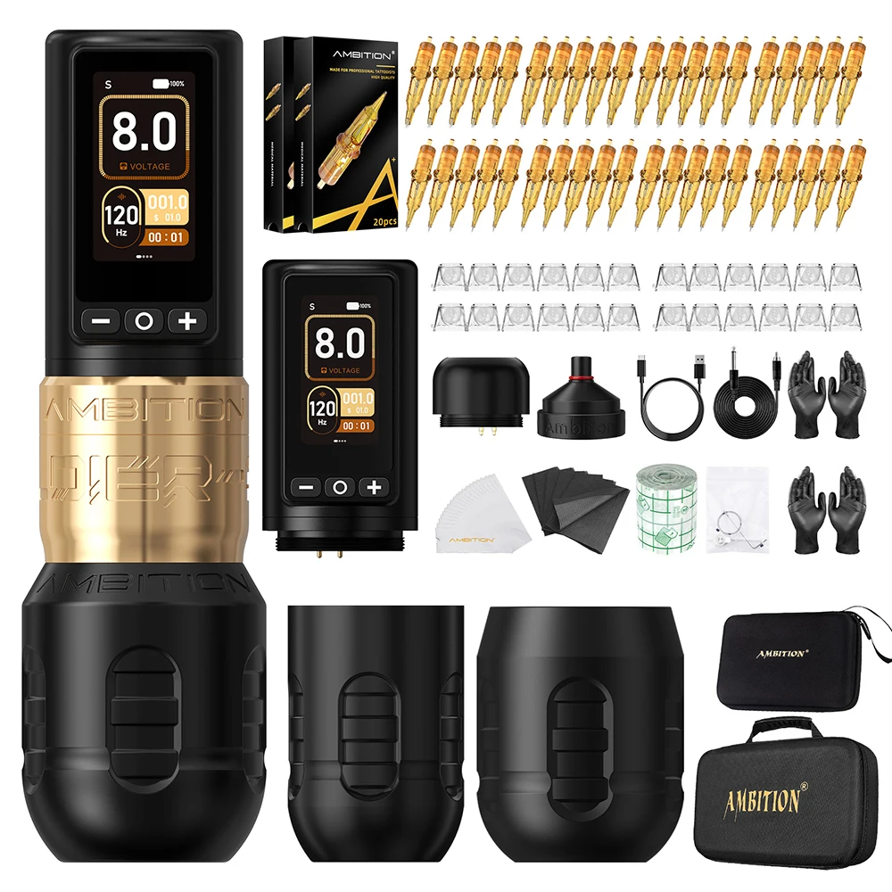 Ambitie Soldier270 Kit Draadloze Tattoo Machine Slagpen 4.0 + 4.5mm Professionele Borstelloze Motor 2400mAh Batterij Grip 34 + 42mm