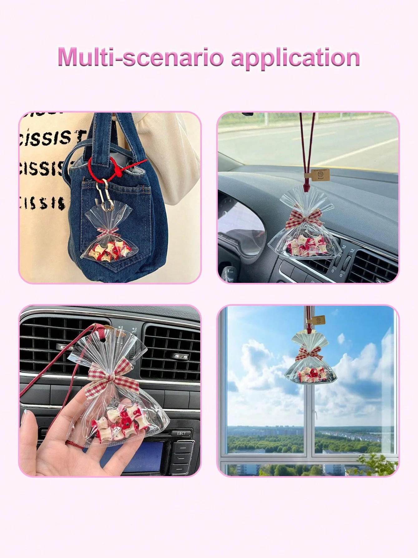 귀여운 사과 가방 자동차 장식품, 투명한 캔디 스타일, 백미러/핸드백 장식품, 빨간색 체크무늬 리본, 스타일리시한 열쇠고리, 휴일 크리스마스