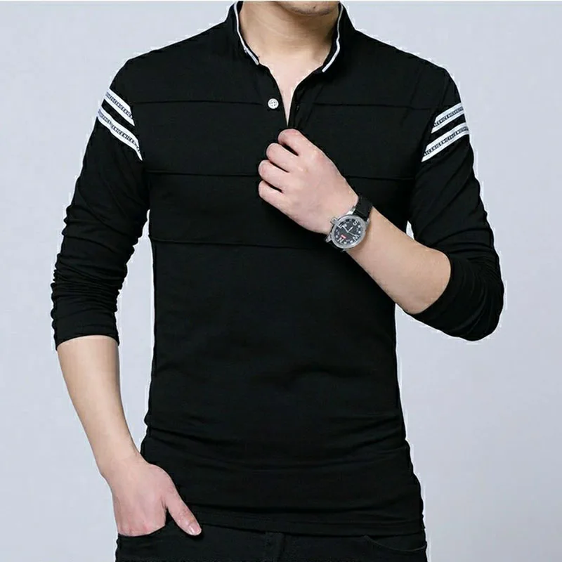 Korean Fashion Men Cotton Polo Shirts Spring Autumn Striped Long Sleeve Male Clothes Loose Streetwear Casual Basic Versatile Top