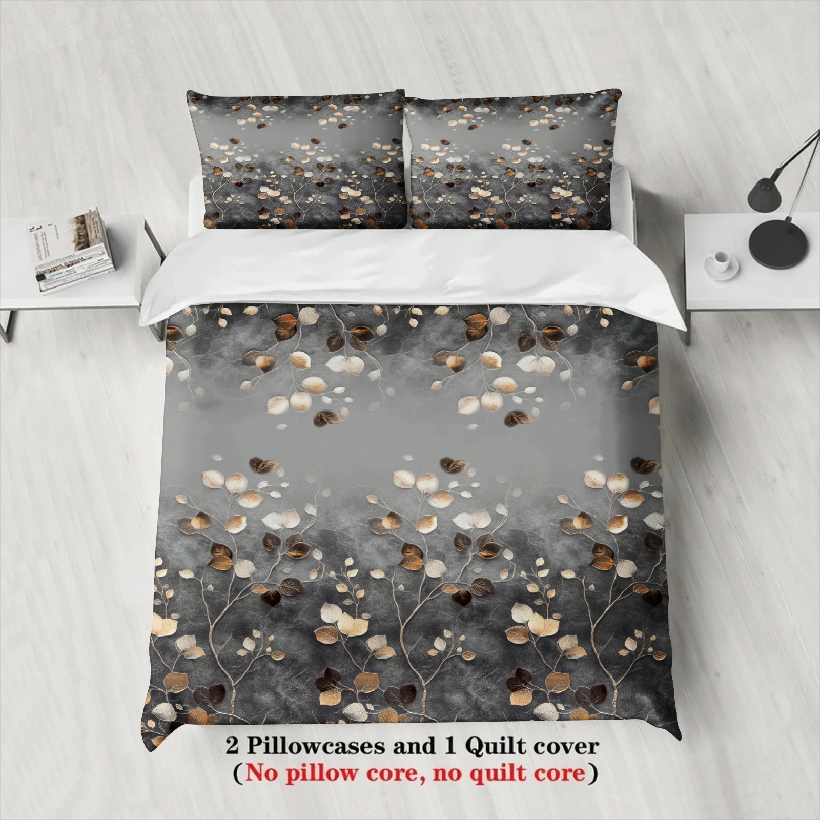 3PCS Duvet Cover Set Grey Branches and Leaves Printed Duvet Cover With Pillowcases Single Twin Queen Size Bedding Set for Home