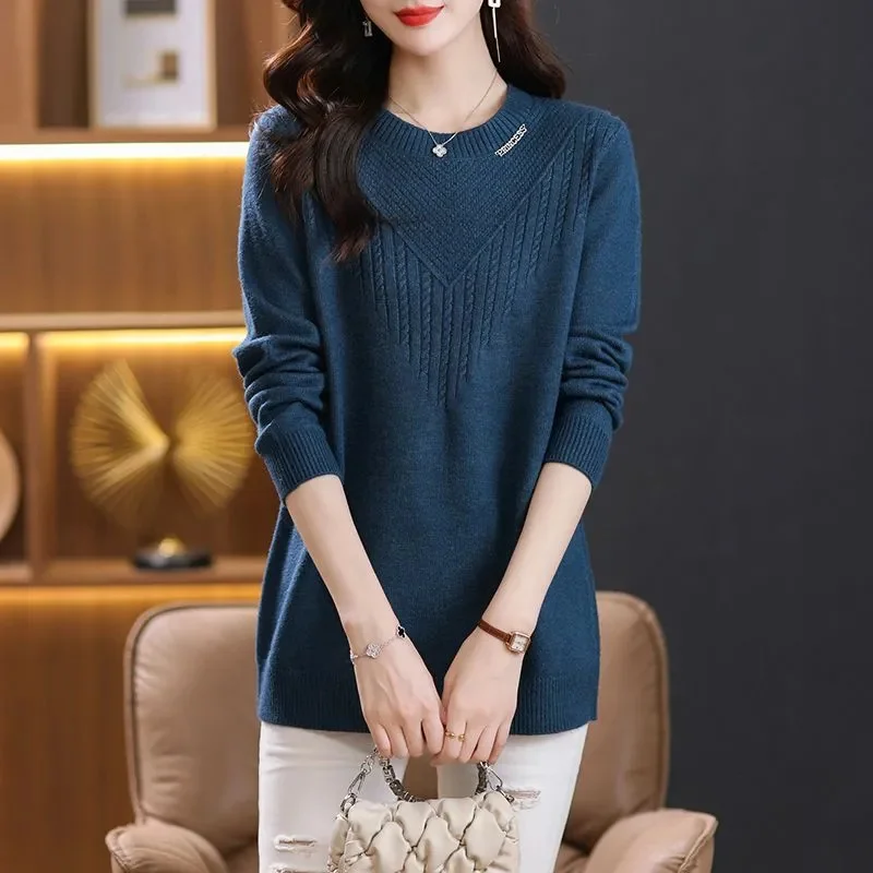 عالية الجودة سترة المرأة خريف شتاء 2025 معطف جديد الياقة المستديرة تريكو سيدة طويلة قاع قميص فضفاض سترة بلايز السيدات