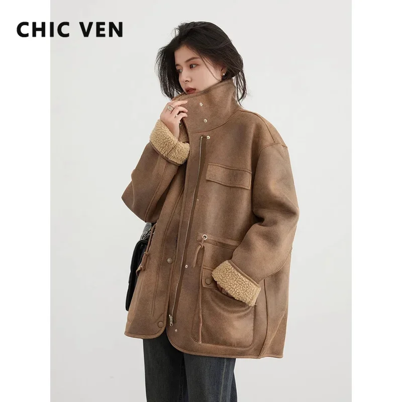 

CHIC VEN Women's Jackets Thick Warm Solid Suede Reversible Jacket Motorcycle Outer Coat Loose Female Overcoat Winter Autumn 2023