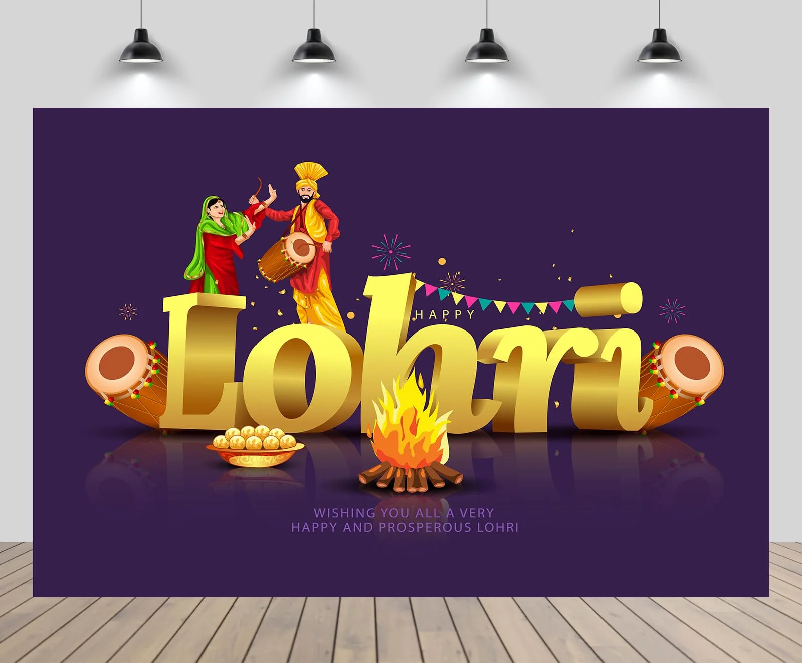 

Happy Lohri Festival Backdrop Traditional Indian Happy Lohri Background Punjabi Religious Holiday Decor Harvesting Party