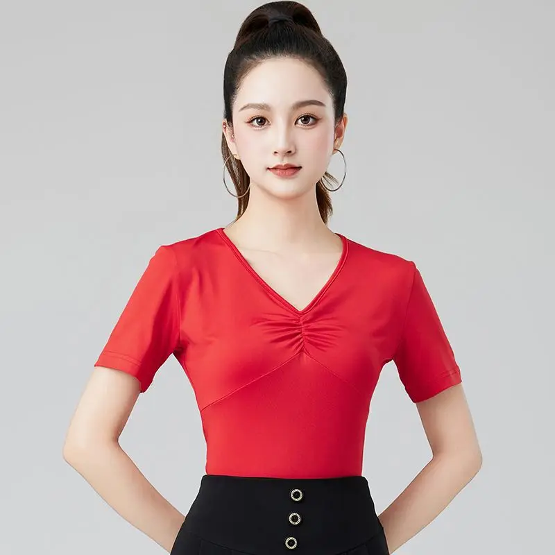 

Latin Dance Clothes Women Adult Tops New Short Sleeve V-neck National Standard Modern Dance Practice Clothes