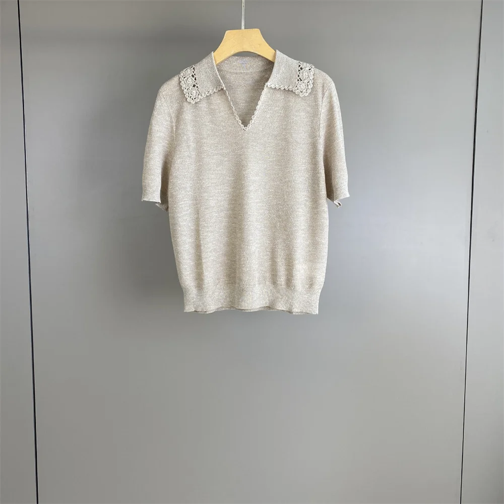 2026 Spring/Summer New Lapel Solid Color Knitted Pullover Short-Sleeve Fashionable Commuting Casual Top for Women