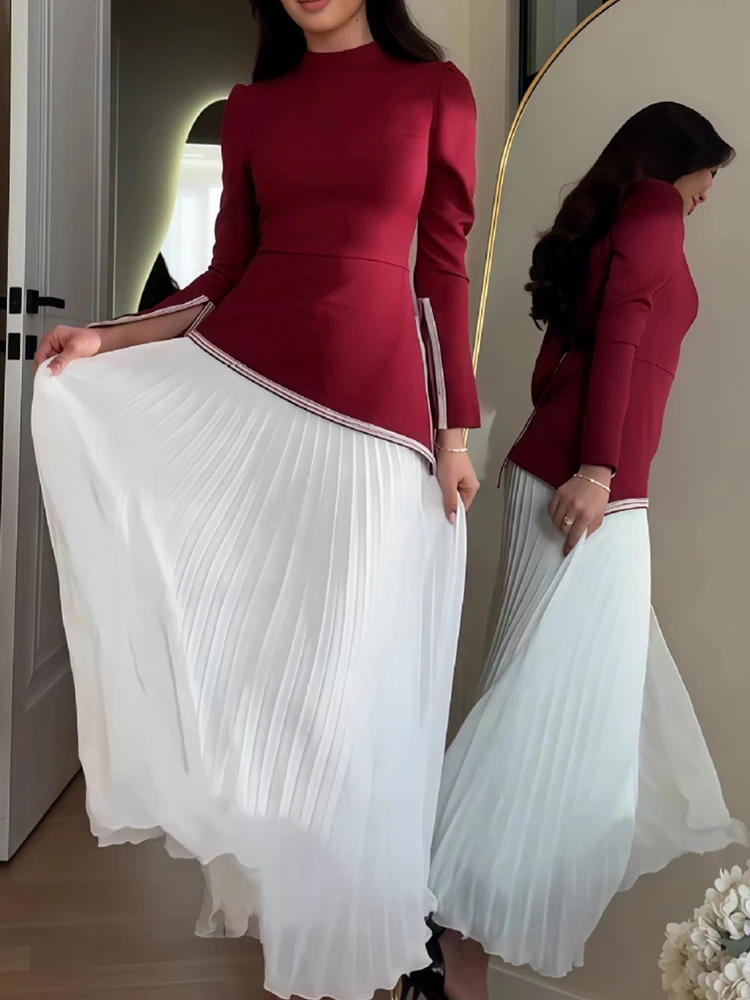 

Temperament High Waist Fold Skirts Sets Elegant Women O-neck Tops&Half Skirts Sets Casual Color Blocked Long Sleeve Commute Sets