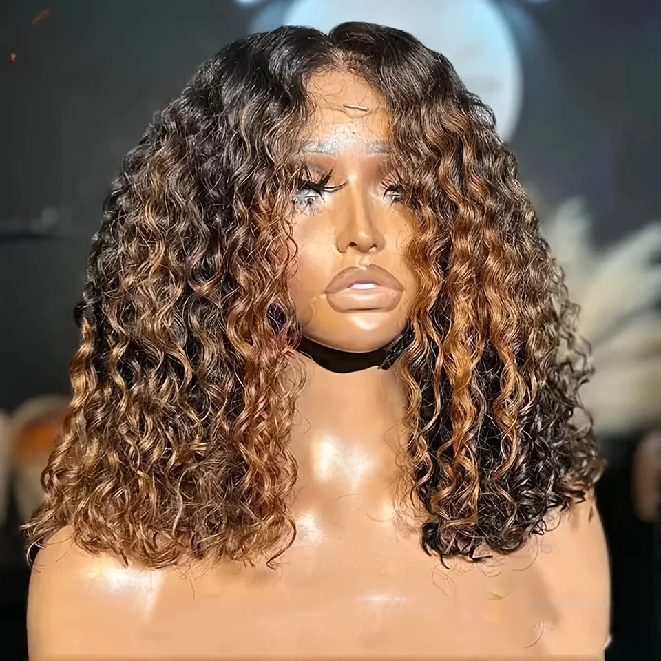 

Glueless Bob Soft Preplucked Ombre Brown Lace Front Wig For Women 14Inch 180Density Kinky Curly Synthetic With Baby Hair Daily