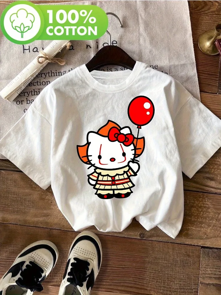 

Sanrio Hello Kitty Sushi Women T-Shirt Orange-Haired Kitten Holding A Red Balloon Print Cotton Crew Neck Casual Top Cute Pattern