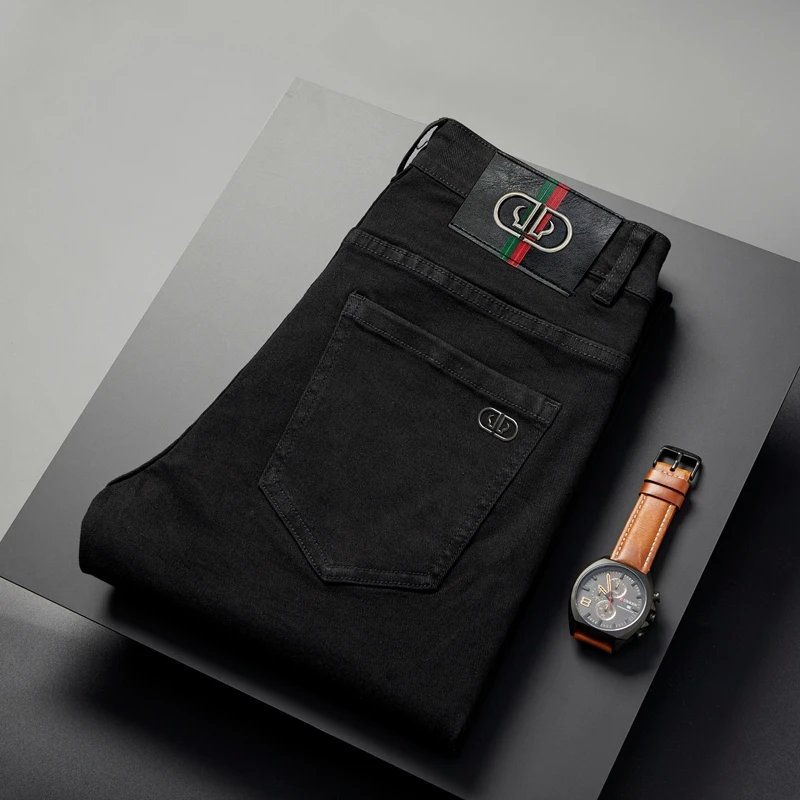 2024 Pure Black Jeans Men's Fashion High-End Classic Casual All-Match Business Slim Straight Stretch Men's Trousers
