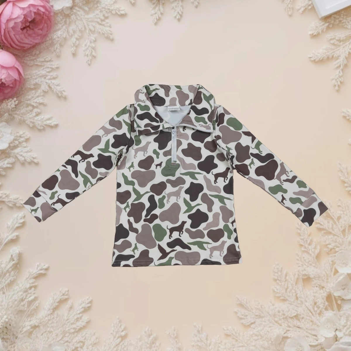 

Hot Sale Boys Dogs Ducks Camo Long Sleeve Shirt Kids Toddler Casual Zipper Pullovers Tops Children Outdoor Playwear Fall Clothes