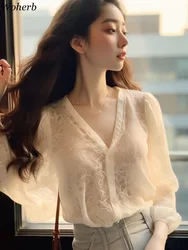 Chic Summer Blouse Women 2024 Blusas Mujer De Moda Puff Sleeve V-neck Lace Shirts Loose Fashion Korean Sweet Vintage Blouses Top