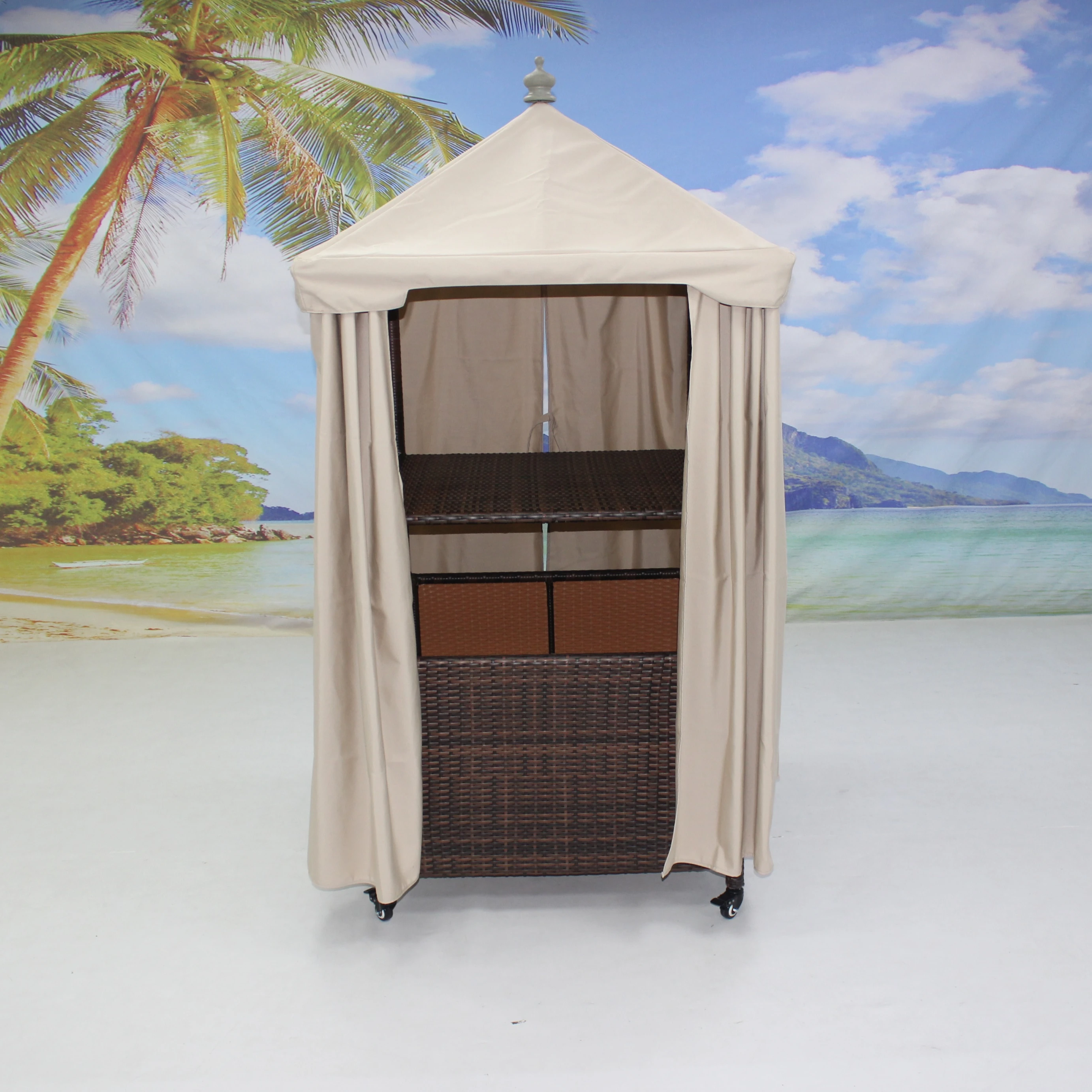 Hot-selling Outdoor Patio Wicker Rattan Hotel Pool Towel Valet Cart Storage Cabinet Furniture With Curtain