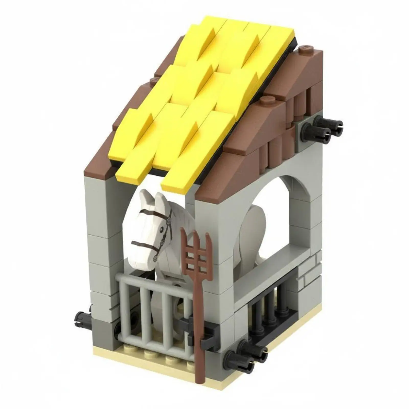 Mini Building Blocks Medieval Horse Stable with Farm Fork for Creative Diorama Castle Village Model