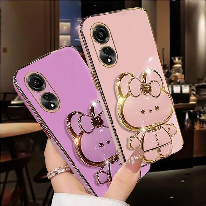 Diamond Strap Mirror Rabbit Phone Holder Case For Oppo A31 A32 A35 A36 A38 A58 A58X A57 A55 A54 A52 4G 5G 2020 2022 Stand Cover