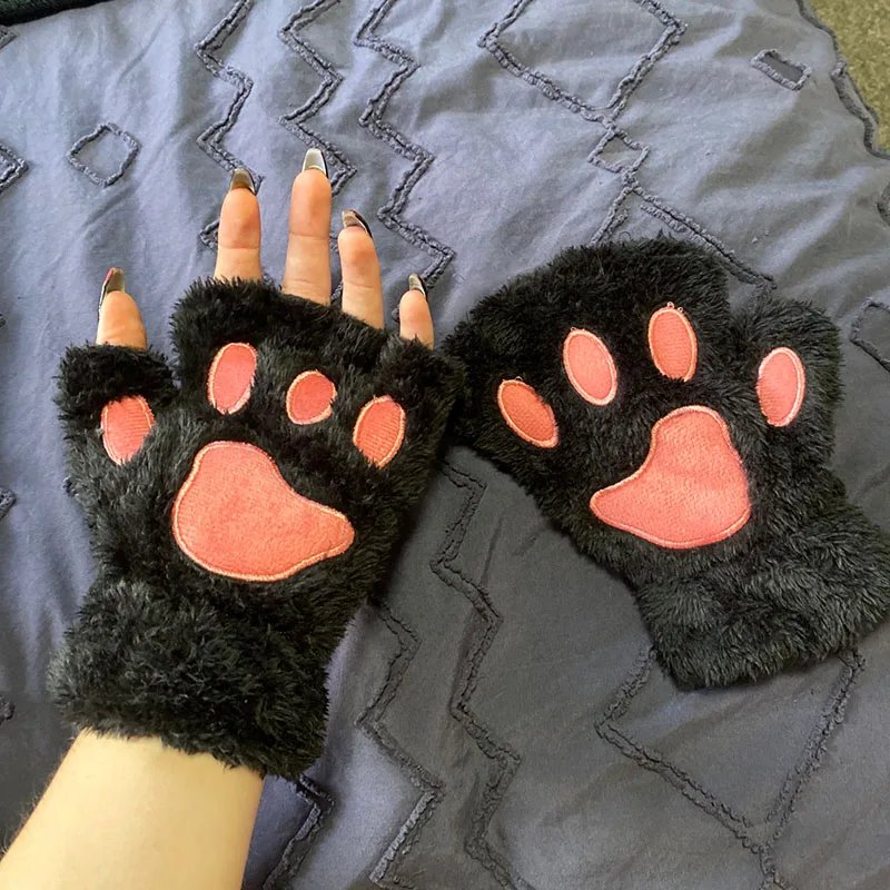 Guantes sin dedos de felpa para mujer, mitones de medio dedo, ropa de invierno, regalos de Navidad, garra esponjosa, Pata de Gato linda, Kawaii