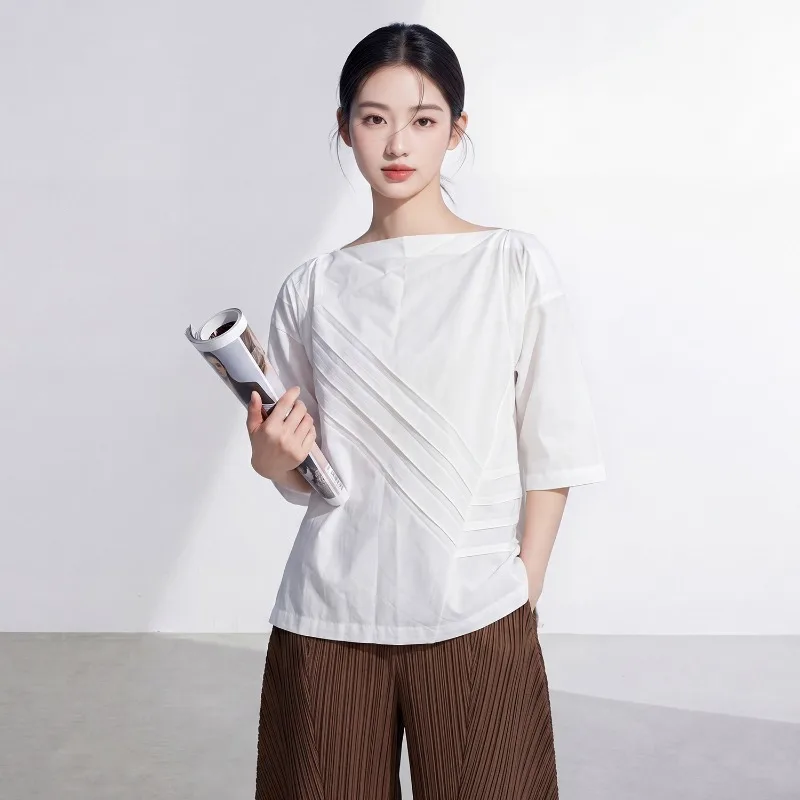 

Miyake Pleated T-Shirt 2026 Summer New White Top for Women Unique Design High-End Feel Handmade Pleats Nanyou Women's Clothing