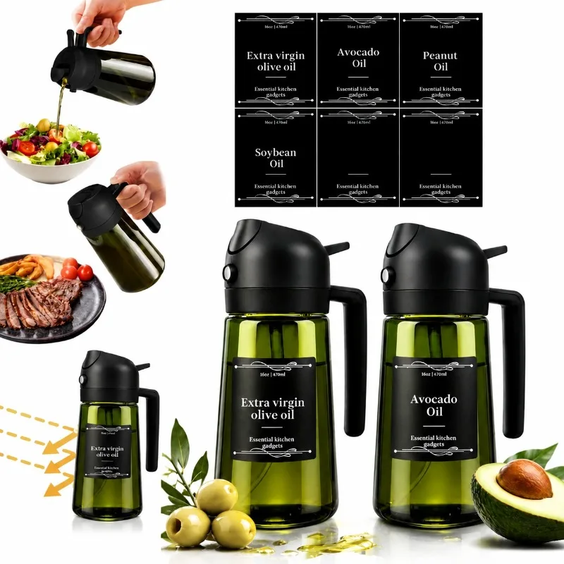 2pcs Glass Olive Oil Dispenser 2 In 1 Spray Pourer 16oz Dark Green Glass Bottle For Cooking BBQ RV Salad Kitchen Utility Kit Set