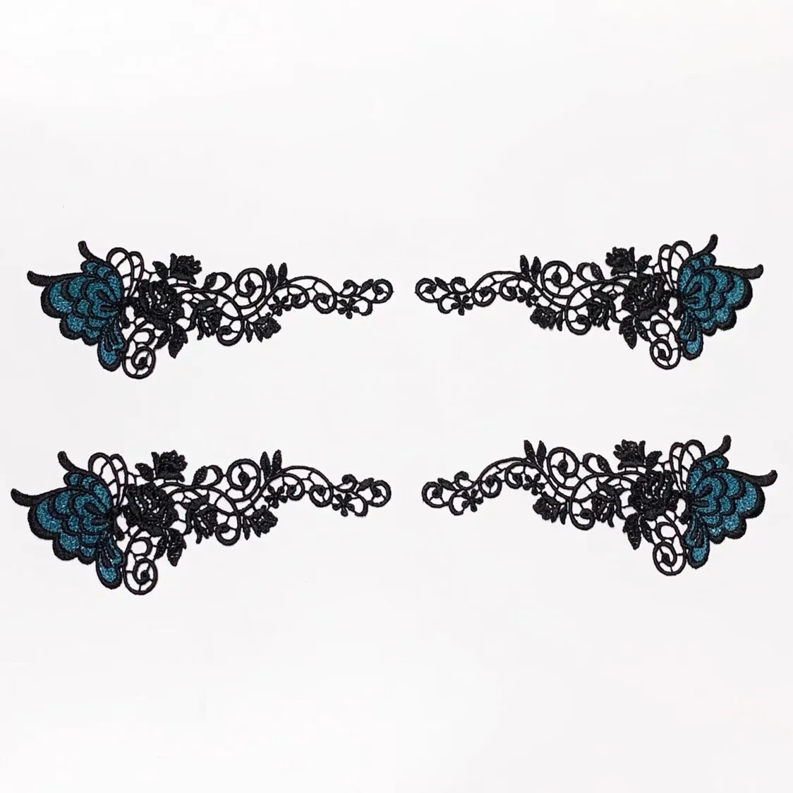 1Pair/Lot 6*15cm Shiny Blue Black Flower Hollow Gradient Sewing Motif Venise Lace Applique for Garment Embroidery Lace Patches