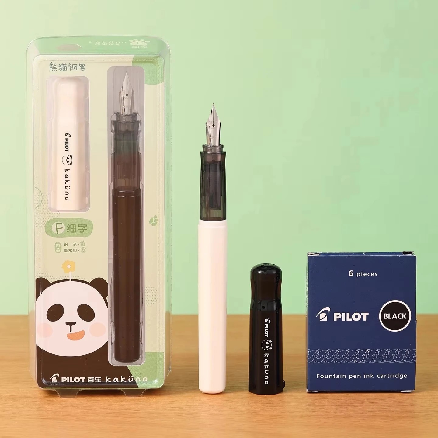 

Pilot Kakuno Smiling Panda Fountain Pen Limited Edition Black White Color with Ink Cartridge Gift Box Students Practice Pen