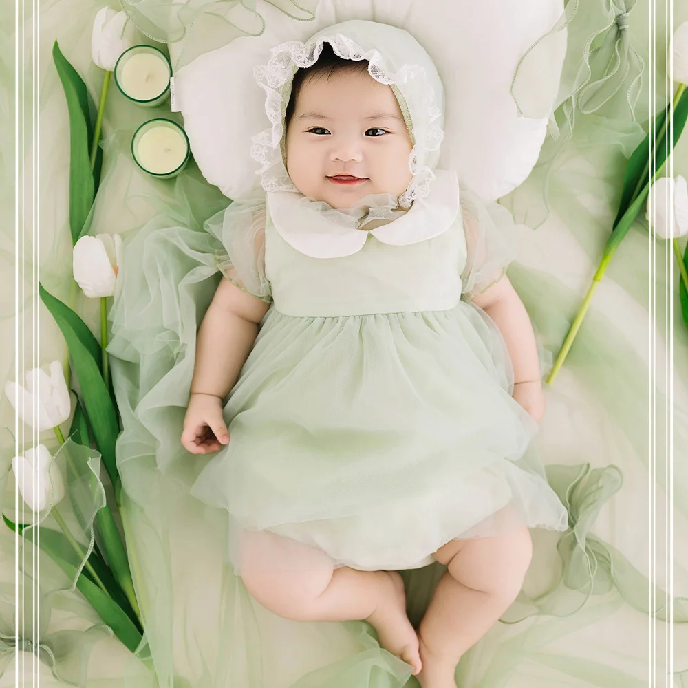 Ensemble de photographie de bébé fille, robe en dentelle, chapeau, ours, oreiller, nœud en maille, tulipe, accessoires décoratifs, vêtements doux et mignons, nouveau-né