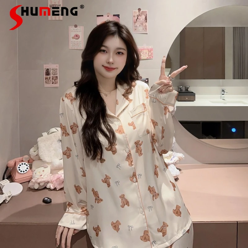 

Spring and Autumn Sweet Printed Pajama Sets Female Ice Silk Breathable Homewear Women's Japanese Style Cartoon Sleep Suits