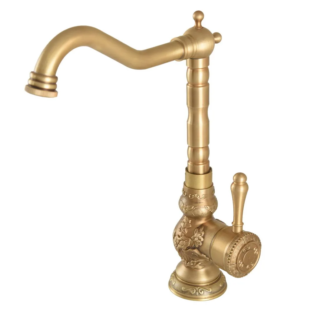 

Carved Flower Pattern Antique Brass Single Handle Bathroom Kitchen Basin Sink Faucet Mixer Tap Swivel Spout Deck Mounted mnf706