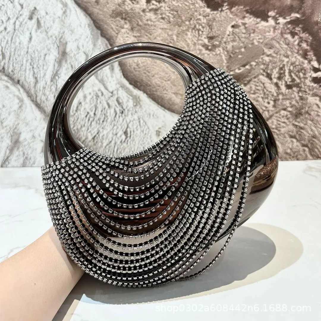 حقيبة يد أكريليك لامعة جديدة فاخرة من الألماس الفضي وحقيبة عشاء مزخرفة مهدبة