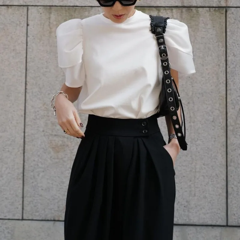 2024 Spring Summer New Chic Sweet White Shirt O-neck Puff Sleeve Simple Tshirts Solid All-match Loose Casual Top Japanese Blusa