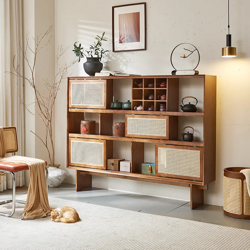 Vitrine für Teestube, Wandaufbewahrung aus Rattan