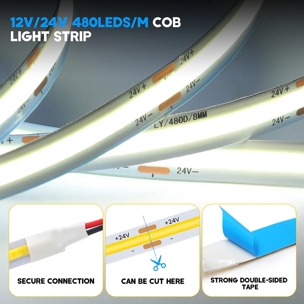 COB LED قطاع الخفيفة للديكور المنزل ، عالية الكثافة الإضاءة الخطية ، مصباح مرن للمطبخ ، بار ، 12 فولت ، 24 فولت ، 320 ، 480 المصابيح