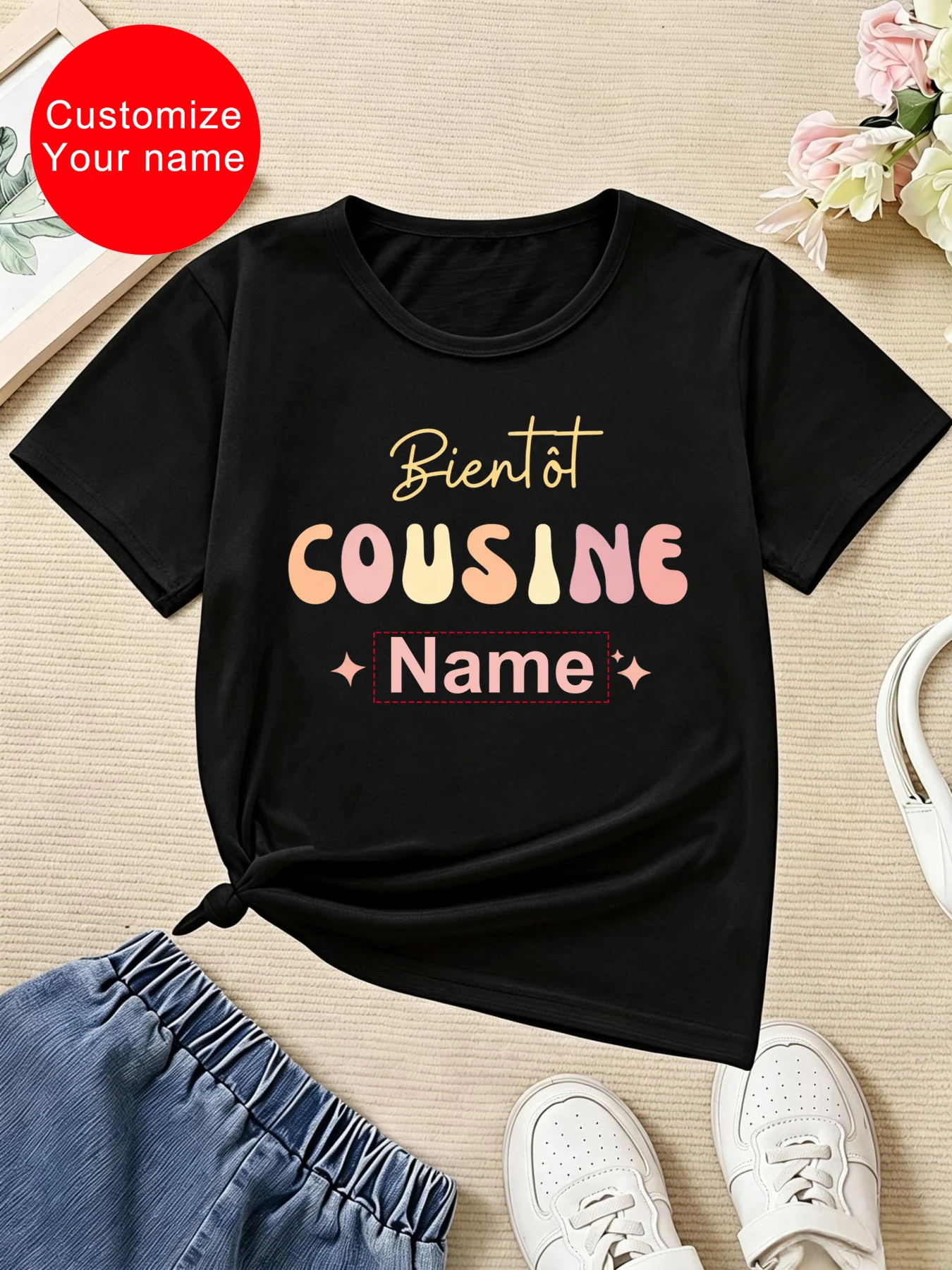 Customize Your Name Soon Cousin Stars Printed T Shirt Girls Funny Kids Clothes Pregnancy Announcement T-Shirt