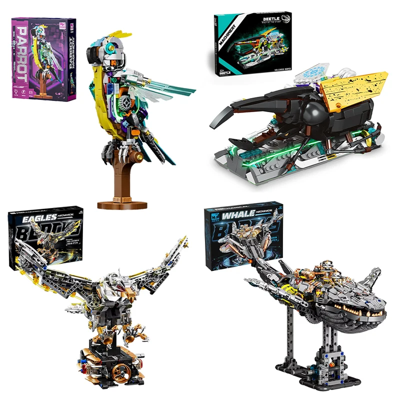 기계 동물 블록 조립 장난감 앵무새 독수리 고래 딱정벌레 모델 브릭스 라이트 포함 데스크탑 디스플레이 컬렉션 어린이 장난감 선물
