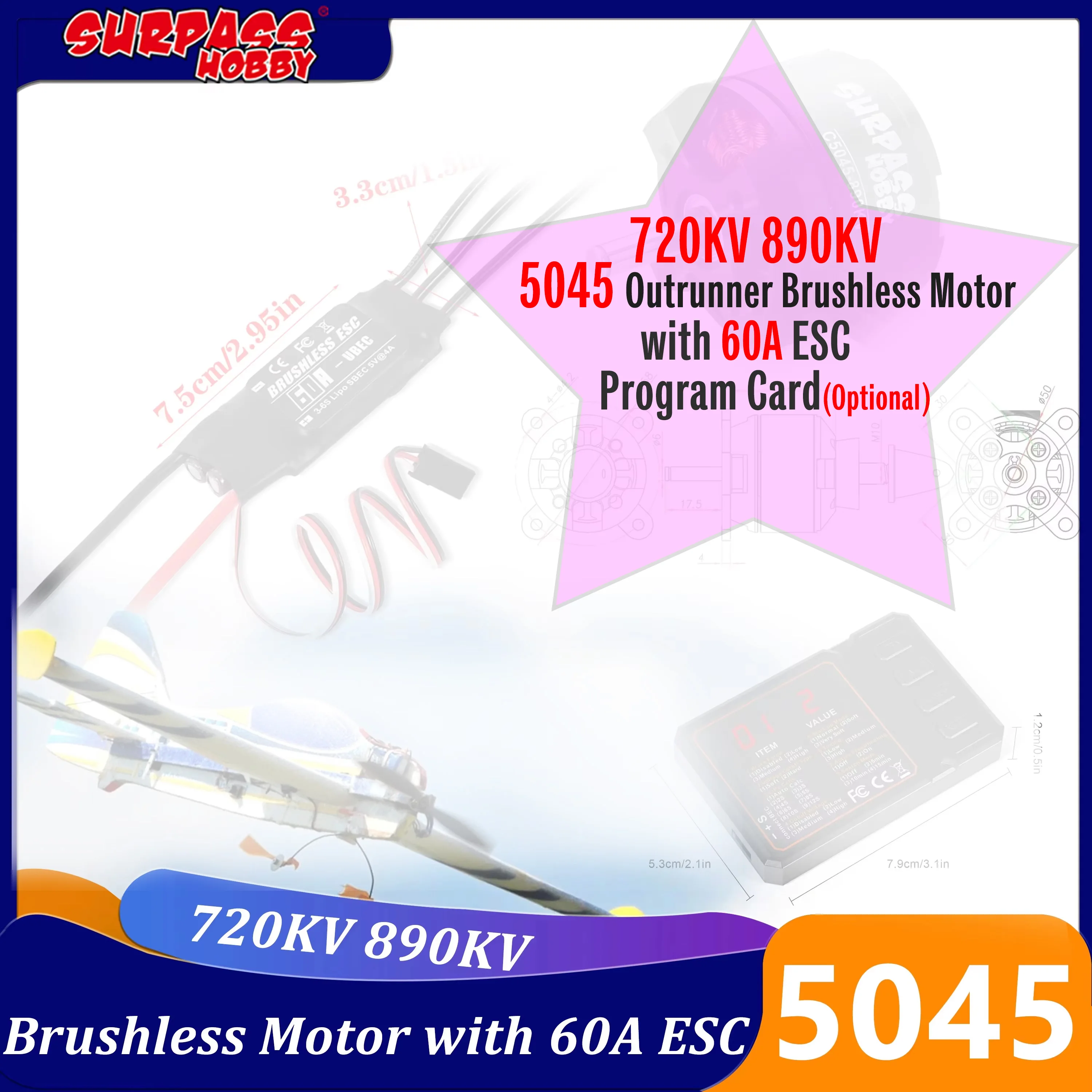 

Surpass Hobby 5045 720KV 890KV Outrunner Brushless Motor with 60A ESC Program Card for RC Fixed-wing Quadcopter Airplane Drone