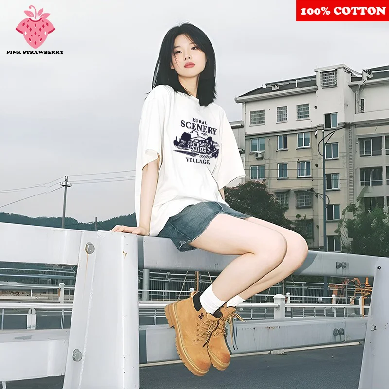 

American style Letter T-shirt Women Summer 2025 New 100%Cotton Short sleeves White Tee Loose Casual Y2k Top Youth female clothes