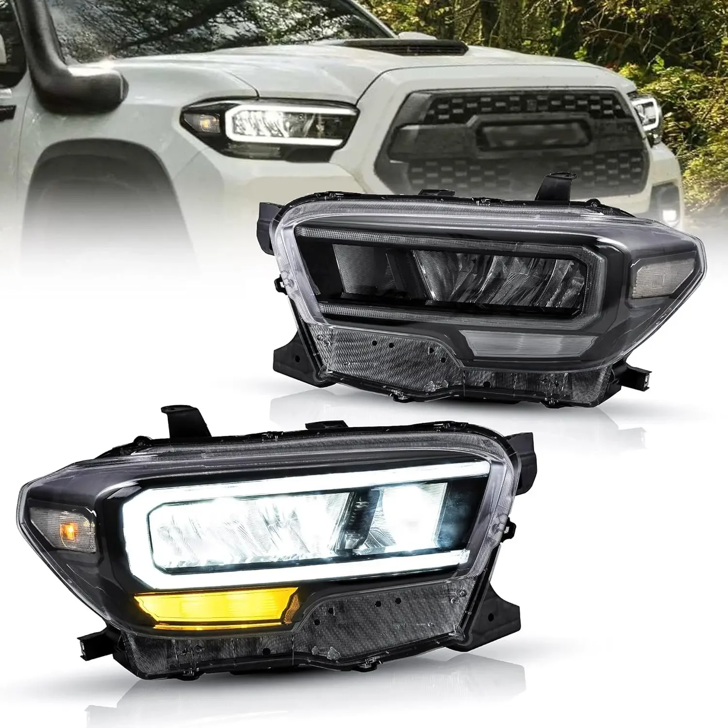 LED Headlights Compatible with Tacoma 2016-2019 3rd Generation N300 Pickup Truck w/LED DRL w/Clear Reflective Bowl Black H