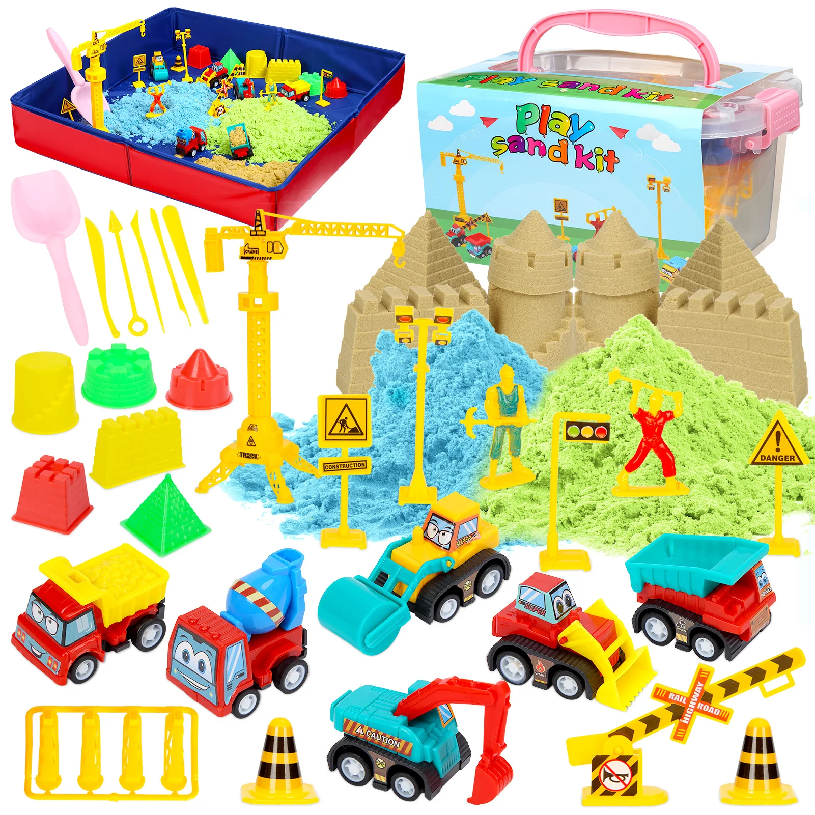34Pcs Play Sand Kit For Kids 3.3Lbs Space Sand In 3 Colors Construction Trucks Sand Molds Tools Collapsible Sandbox & Storage Box Sensory Sandbox Toys For Boys And Girls Ages 6Plus