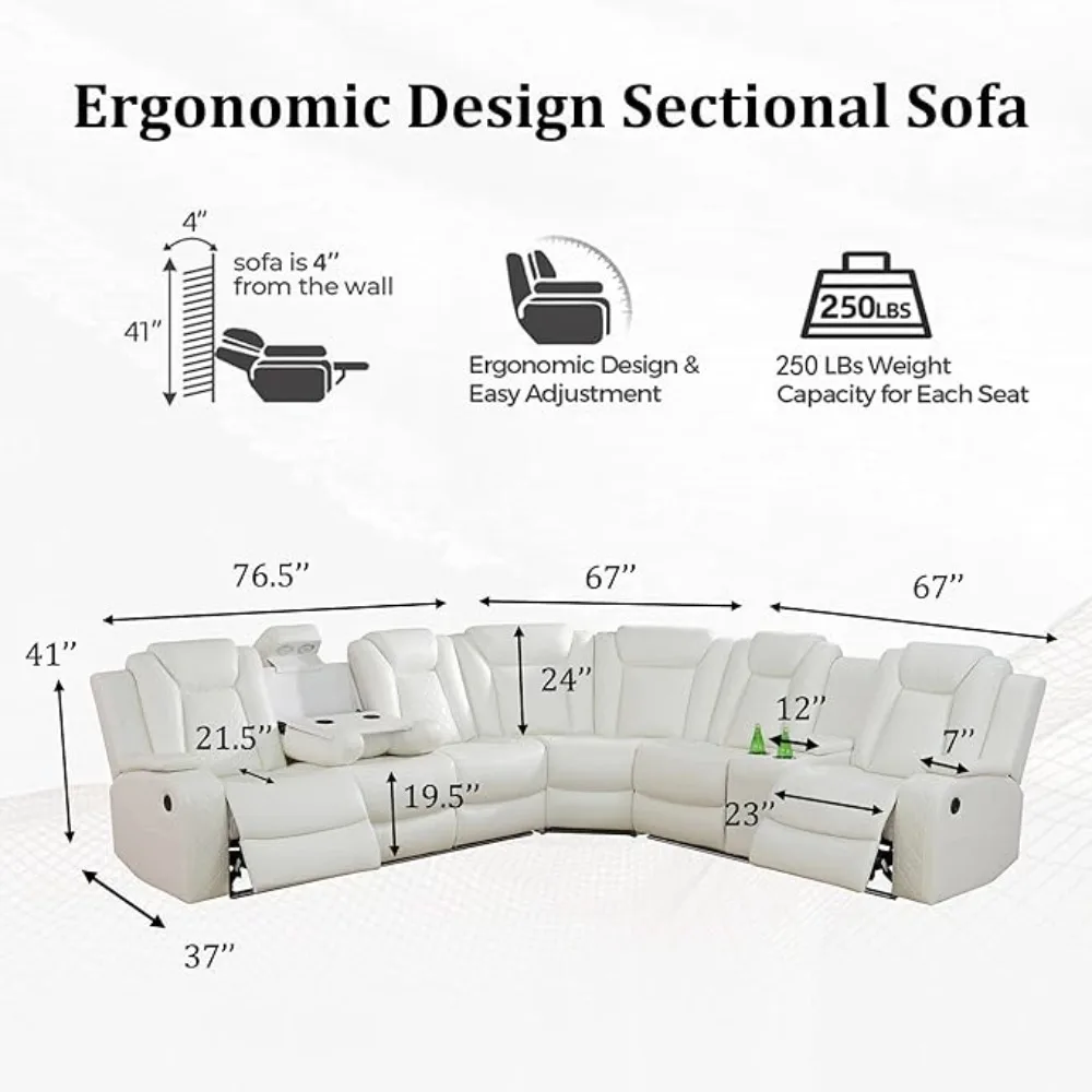 Recliner Sectional Sofa with LED Power Reclining Sectional Couch Breathing Leather Sofa Couch with USB Port & Cup Holder