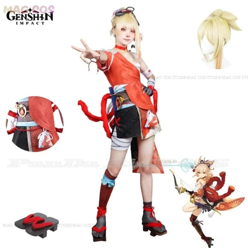 Kostum Cosplay Game Genshin Impact, Wig Yoimiya, Sepatu, Set Lengkap, Pakaian Role Play Wanita, Kostum Halloween