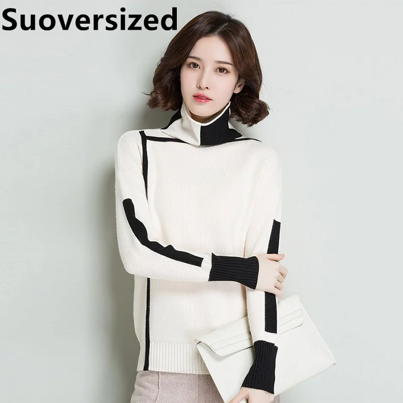 Women\'s Turtleneck Spliced Sweater Fall Winter New Korean Elegant Design Knitted Tops Casual Loose Long Sleeve Bottomed Pullover