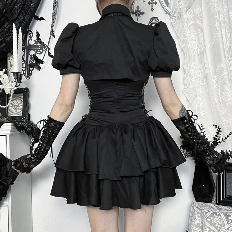 Mini abiti a corsetto con lacci senza maniche a righe nere gotiche Grembiule a maniche corte con cravatta Y2K Abito da donna vintage alla moda preppy