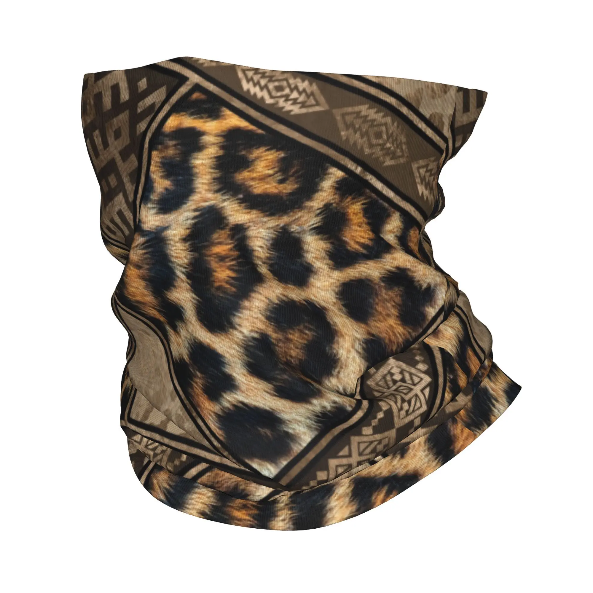 Custom Leopard with Ethnic Ornaments Bandana Neck Gaiter for Hiking HuntingWrap Scarf Tribal African Animal Fur Balaclava Warmer