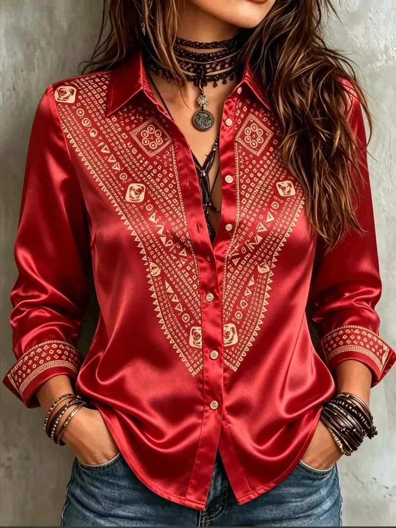 New warm orange striped badge patchwork long sleeved shirt American retro women's casual vacation shirt