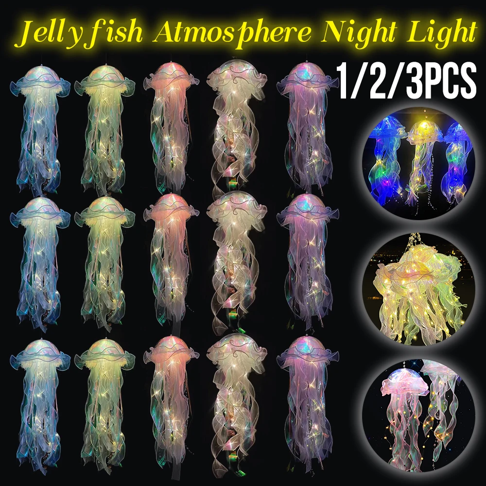 1/2/3PC Jellyfish Bedroom Night Light Lamp Atmosphere Decoration Lamp Hanging Ceiling Lantern With Ribbon&Bead For Girl Bedroom