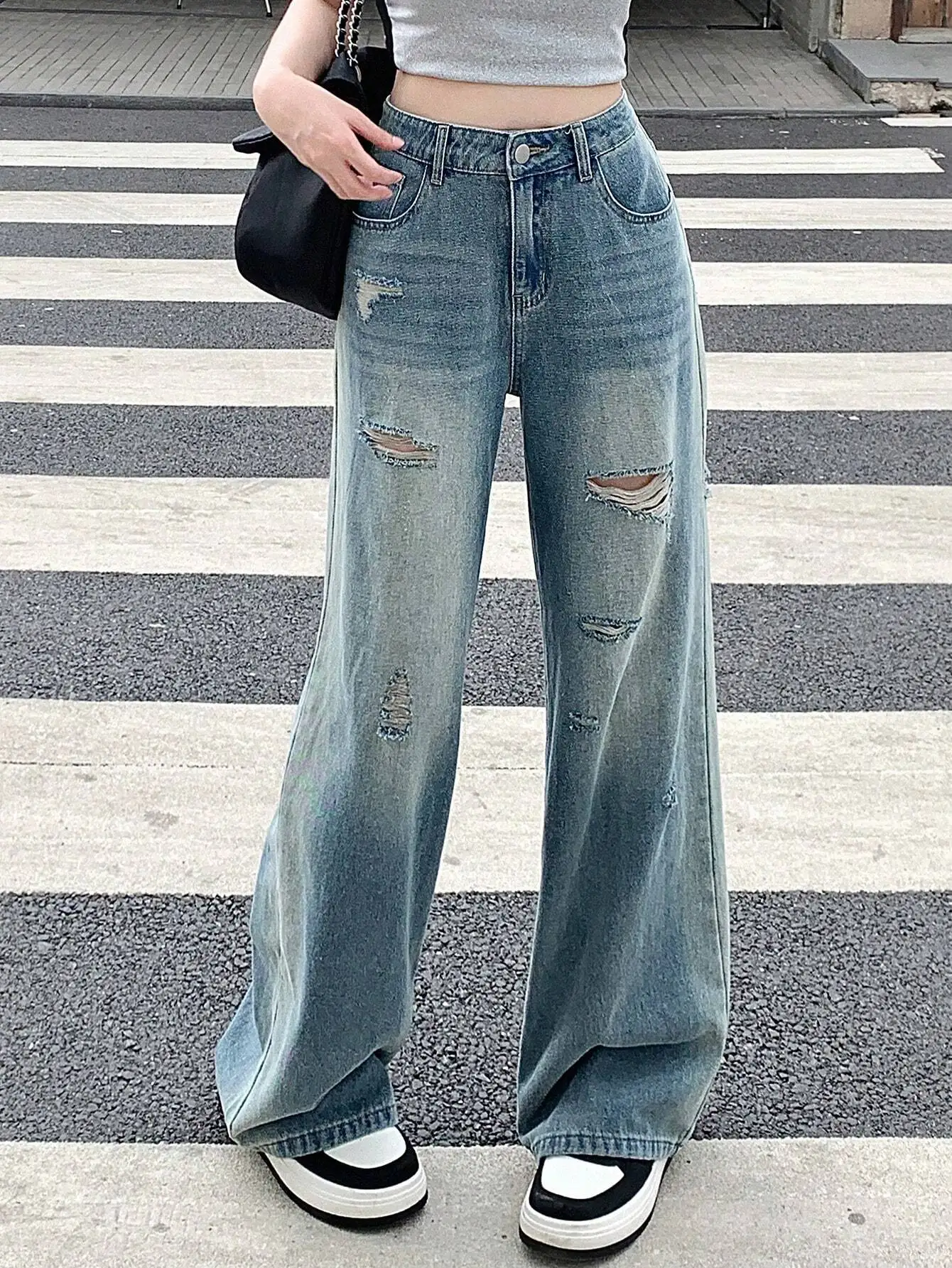 

Женские джинсы Y2K с рваными элементами, широкие штанины, высокая талия, повседневные джинсовые брюки