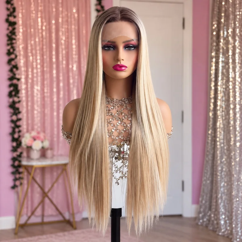 13x6 Lace Front Wig for Women Futura Synthetic Long Straight Hair Rooted Beige Blonde Hand Tied Center Part Free Parting